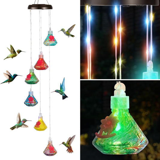 LUJII Solar Wind Chime Hummingbird Feeders for Outdoors, Lighted LED Wires, 6 Hand Blown Glass Reservoirs, RGB Lights, Diamond Shaped Hummingbird Feeder